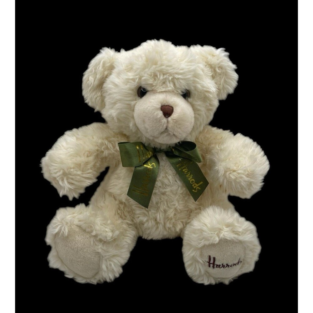 Harrods London 10" Teddy Bear Plush Stuffed Animal Cream Green Gold Satin Bow